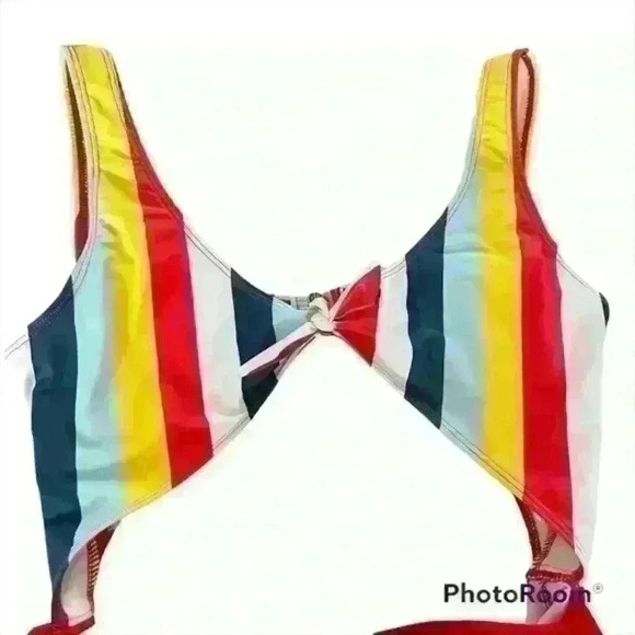 Blue, yellow, red, & white striped once piece swimsuit size 2XL - Picture 2 of 7